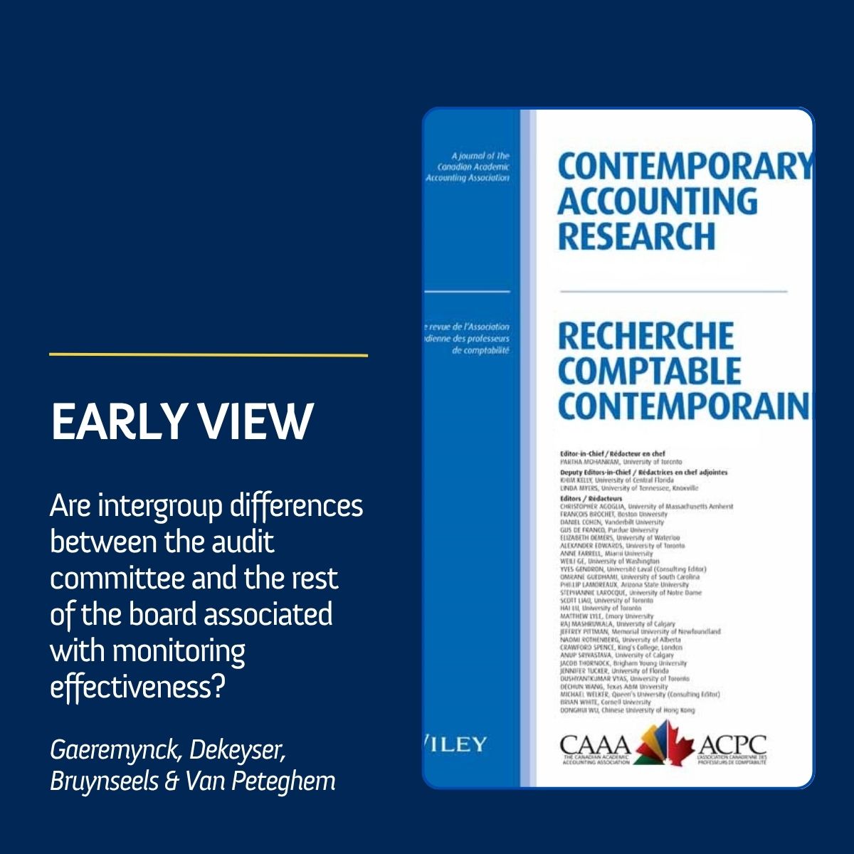 Contemporary Accounting Research (@car_rcc_journal) on Twitter photo ⁉️Are intergroup differences between the audit committee and the rest of the board associated with monitoring effectiveness?
➡️onlinelibrary.wiley.com/doi/10.1111/19…
✍️Gaeremynck, Dekeyser, Bruynseels (<a href="/KU_Leuven/">KU Leuven</a>) & Van Peteghem
#CorporateGovernance #AuditCommittees #Boards #FinancialReporting ⁉️Are intergroup differences between the audit committee and the rest of the board associated with monitoring effectiveness?
➡️onlinelibrary.wiley.com/doi/10.1111/19…
✍️Gaeremynck, Dekeyser, Bruynseels (<a href="/KU_Leuven/">KU Leuven</a>) & Van Peteghem
#CorporateGovernance #AuditCommittees #Boards #FinancialReporting