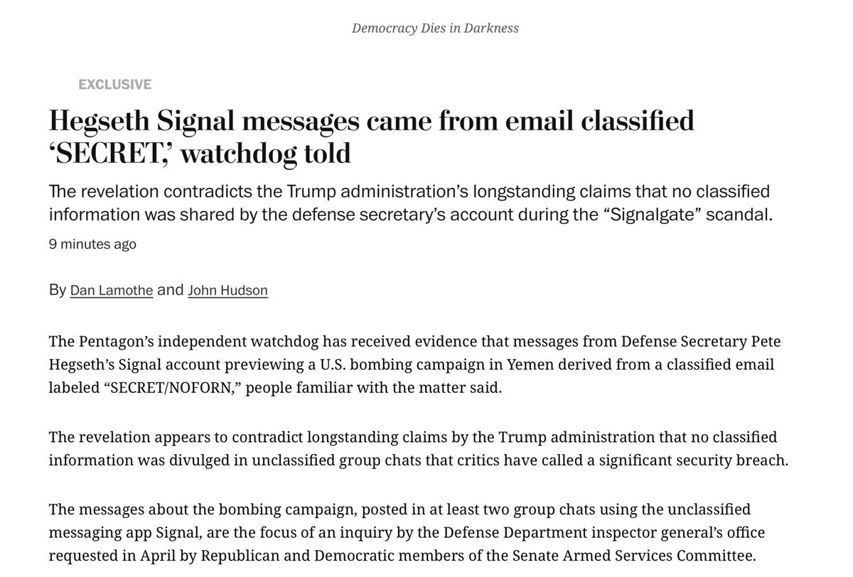 BREAKING: Pete Hegseth perjured himself, must be removed his post immediately, and should be investigated on charges of violating the Espionage Act and lying to Congress.

He copy-pasted from an email labeled “SECRET/NOFORN” into an unclassified iPhone app. FFS.