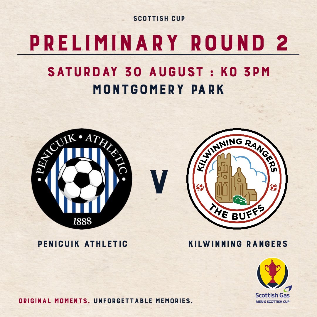 PenicuikAth's tweet image. 🏴 We have been drawn at home to @steadythebuffs in the Second Preliminary Round of the Scottish Gas Men’s Scottish Cup, to be played at Montgomery Park on Saturday 30th August