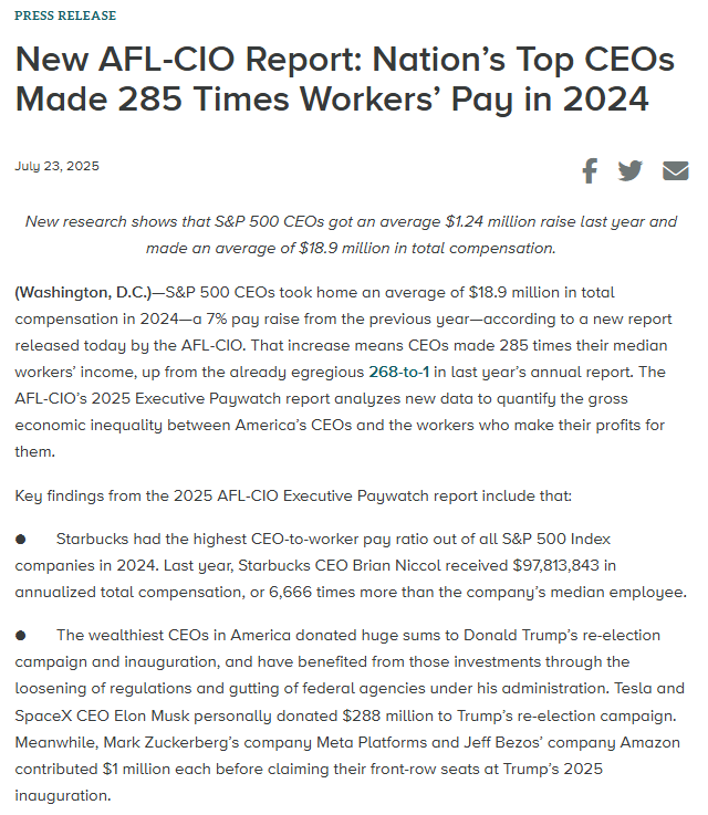 AFLCIO's tweet image. Top CEOs gave themselves a 7% raise in 2024 and are making 285 times their median workers’ income. Our new Executive Paywatch report highlights the gross inequality between America’s CEOs and the workers who make their profits for them. aflcio.org/press/releases…