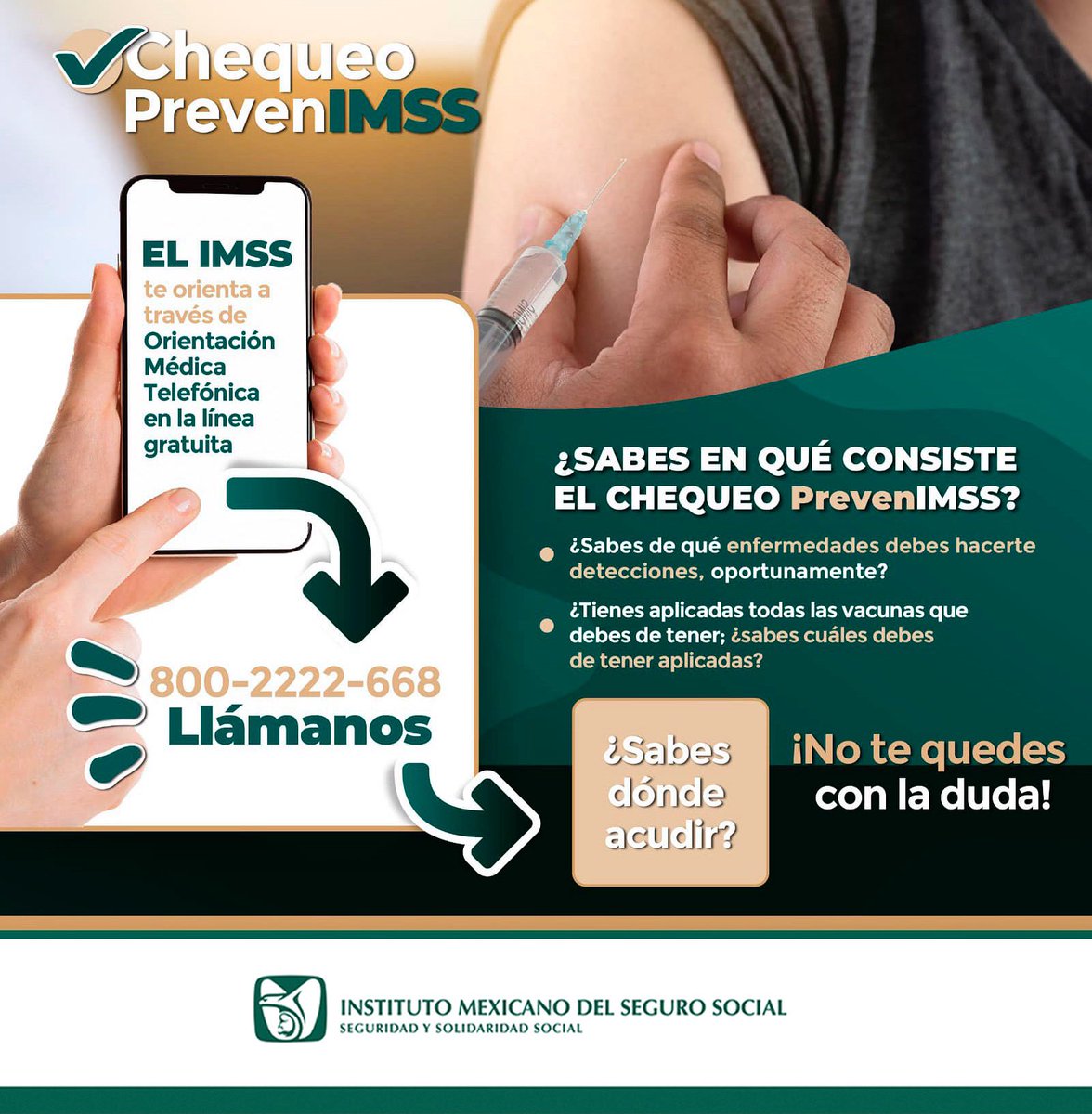 🩺 Con el Chequeo PrevenIMSS puedes saber qué estudios necesitas y en qué unidad te atienden.

📞 Llama al 800 2222 668, la orientación médica es gratuita y por teléfono.
¡Infórmate y actúa a tiempo!