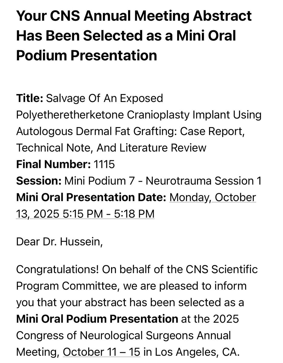 theamna1's tweet image. Officially heading to #CNS2025!
Excited to present our work on salvaging exposed PEEK cranioplasty using autologous dermal fat grafting.
Grateful for the mentorship that makes growth, innovation, and opportunities like this possible.
@PeterNakajiMD @DrKevinZhao @CNS_Update