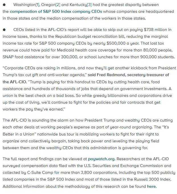 AFLCIO's tweet image. Top CEOs gave themselves a 7% raise in 2024 and are making 285 times their median workers’ income. Our new Executive Paywatch report highlights the gross inequality between America’s CEOs and the workers who make their profits for them. aflcio.org/press/releases…