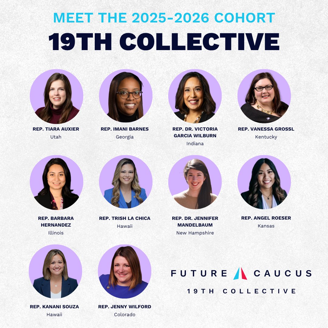 futurecaucus's tweet image. What does it look like when women lead — not alone, but together?
Meet the 2025–2026 19th Collective: a cohort of women state legislators shaping our future with bold leadership, deep community, and a commitment to holding the door open for others to follow.