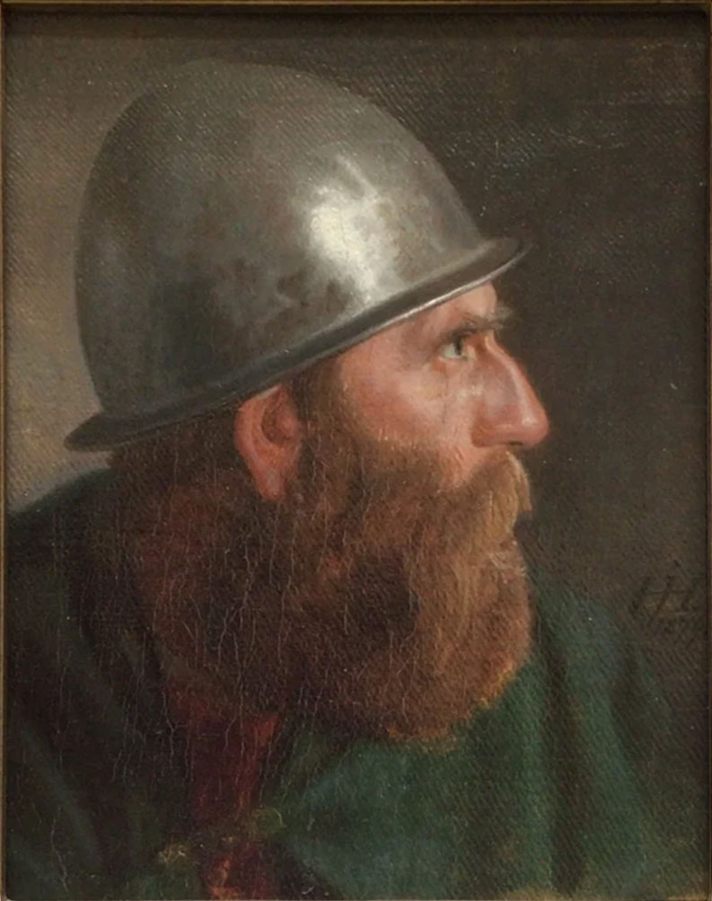 RenaissRewind's tweet image. Portrait of a Red-Bearded Warrior in Profile with a Metal Helmet by Hans Jørgen Hammer