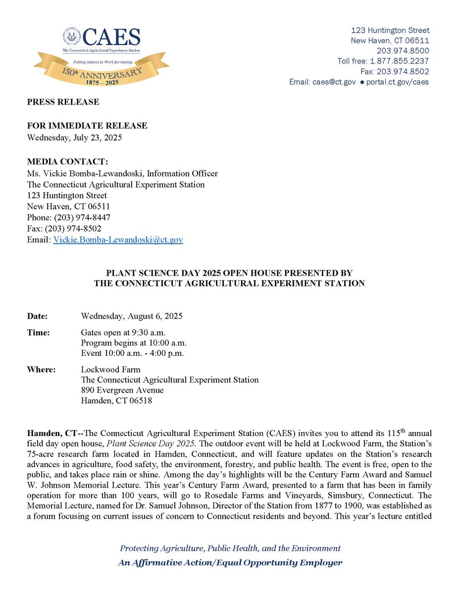 CT_CAES's tweet photo. CAES Press Release, "Plant Science Day 2025 Open House Presented by The Connecticut Agricultural Experiment Station," Wednesday, July 23, 2025. Read the announcement on our website: https://t.co/QJ6Lpbk4BZ

@USDA, @USDA_Aphis, @UConnExtension, @ConnDEEP https://t.co/5Lhc5WtNEF