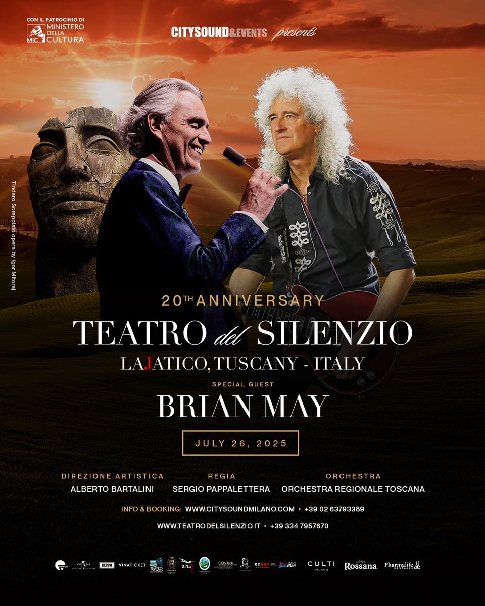 QueenWillRock's tweet image. Brian May To Guest With Andrea Bocelli
Brian is set to return to the Teatro del Silenzio in Lajatico, Italy, on Saturday, 26th July for a special guest appearance with Andrea Bocelli.
For further details, go to teatrodelsilenzio.it