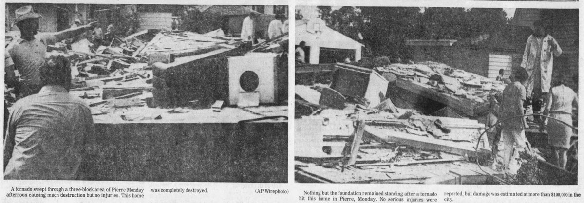 weather_history's tweet image. July 23, 1973:
A significant tornado tore through Pierre, South Dakota. While this event is documented by the NCDC and SPC as an F3, @sigtor2019 rated the twister F2. About 130 residences, including 54 trailers, were damaged to some degree. 10 people were injured.
#wxhistory