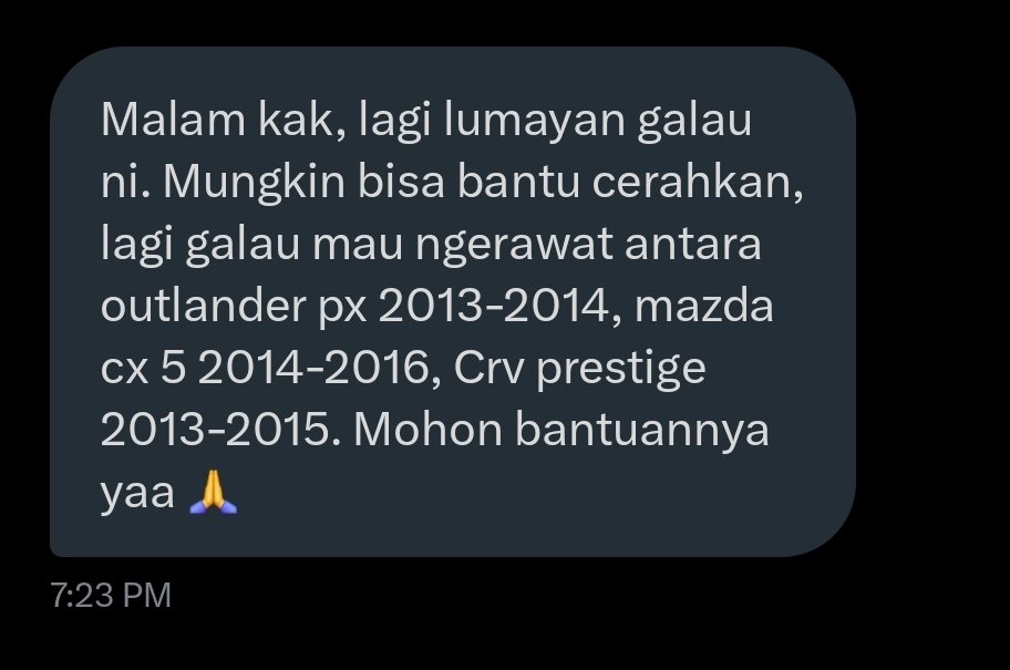 TanyaMobilBase's tweet image. Malam kak, lagi lumayan galau ni. Mungkin bisa bantu cerahkan, lagi galau mau ngerawat antara outlander px 2013-2014, mazda cx 5 2014-2016, Crv prestige 2013-2015. Mohon bantuannya yaa 🙏