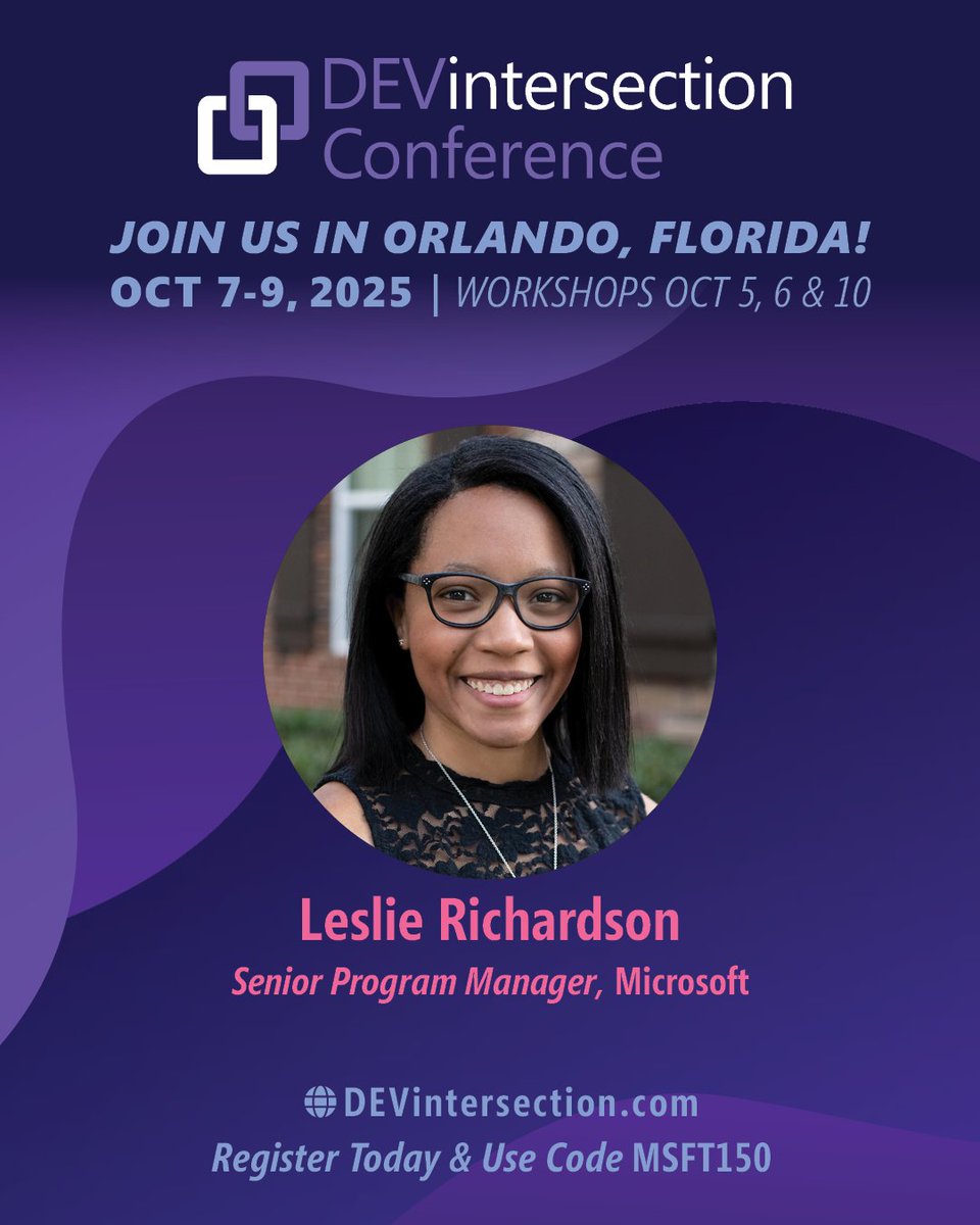 DEVintersection Conference (@devintersection) on Twitter photo Leslie Richardson (<a href="/lyrichardson01/">Leslie Richardson</a>), Senior Program Manager at Microsoft, is speaking at DEVintersection. She’s focused on improving .NET and C# productivity and developer experience. Meet her in Orlando this October.
Register: bit.ly/DEVXPOST
#MicrosoftDev #MSDev Leslie Richardson (<a href="/lyrichardson01/">Leslie Richardson</a>), Senior Program Manager at Microsoft, is speaking at DEVintersection. She’s focused on improving .NET and C# productivity and developer experience. Meet her in Orlando this October.
Register: bit.ly/DEVXPOST
#MicrosoftDev #MSDev