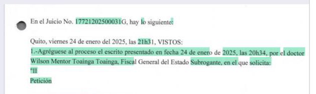 En el documento anterior estaba una respuesta a una solicitud del 24/ene de Diana Salazar. 

El NUEVO documento, MANIPULADO, aparece una respuesta a una solicitud del 24/ene de Wilson Toainga. 

Para conocimiento de los ecuatorianos, el 24/ene SALAZAR estaba con licencia. No