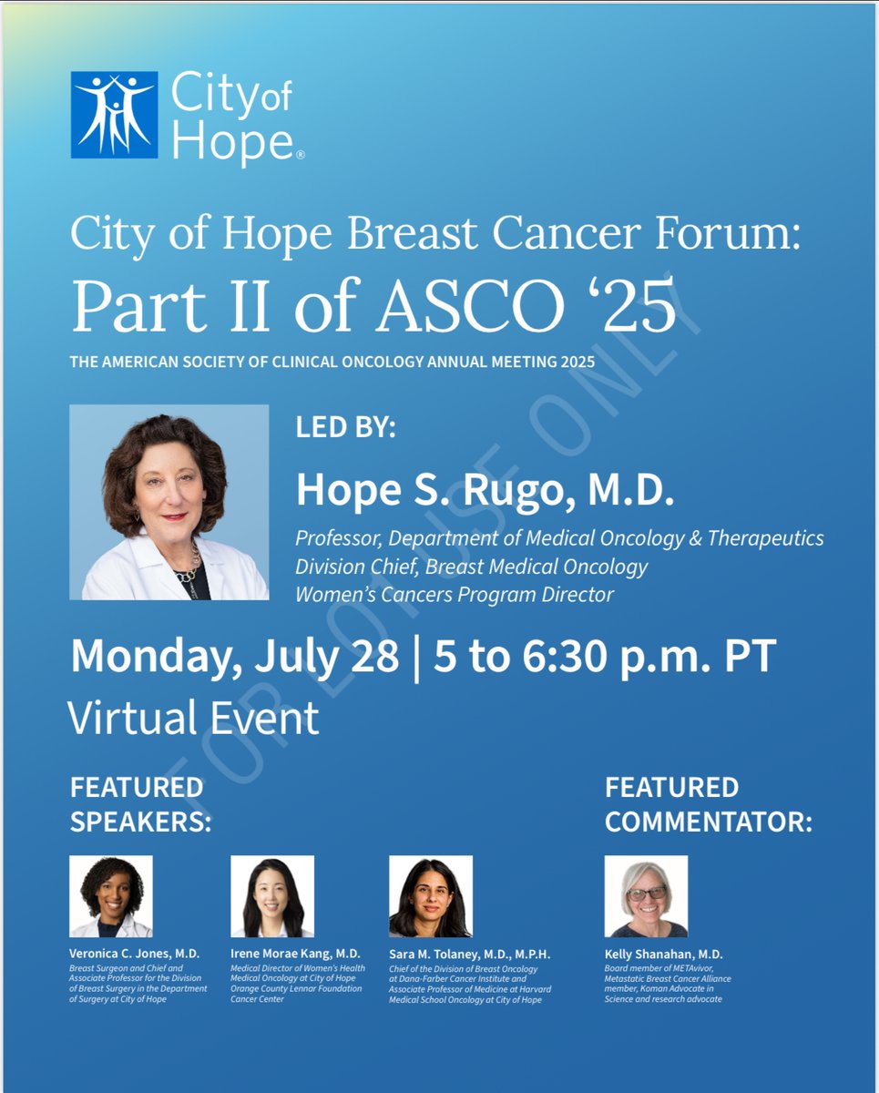 stage4kelly's tweet image. Join me, along with my brilliant oncologist Dr @hoperugo, and @stolaney1 @irenekangmd @VeronicaJonesMD for the next @cityofhope breast cancer forum, Monday 7/28 5PM Pacific/8 PM Eastern, when we talk about more updates from #ASCO25 cityofhope.zoom.us/webinar/regist…
