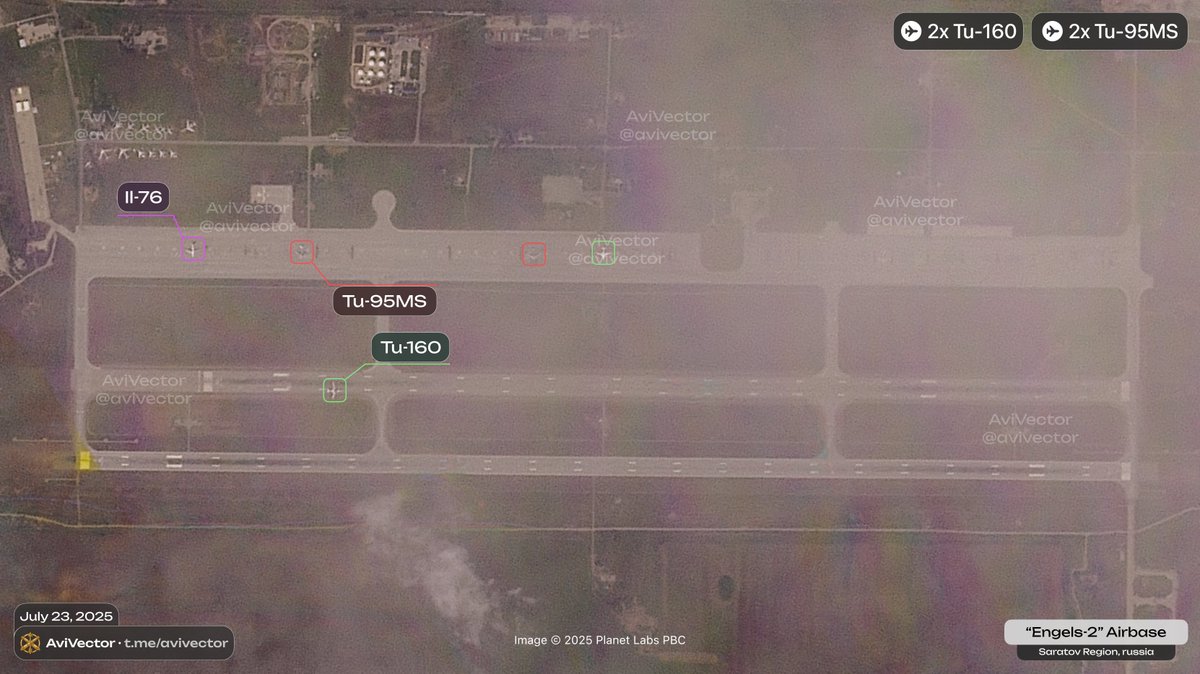 avivector's tweet image. 🔻Satellite images of 🇷🇺 Engels-2 Airbase as of July 23, 08:26 UTC
The airbase housed 2 Tu-95MS (Bear-H), 2 Tu-160 (Blackjack) and 1 Il-76 (Candid).
Today, 1 Il-76 briefly arrived at the airbase before leaving just a few hours later, as well as 1 Tu-95MS which arrived from one…