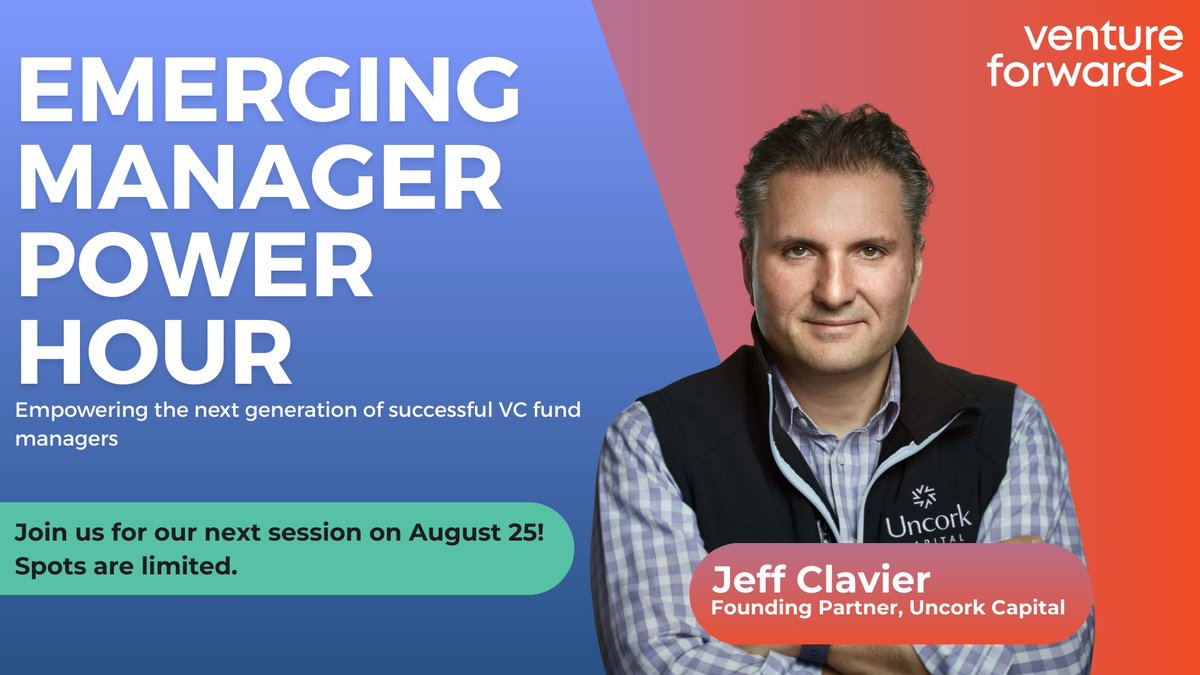 nvca's tweet image. Candid advice. Practical insight. Live Q&A with an industry leader.
@VCForward Emerging Manager Power Hour returns in August with a special “Ask Me Anything” session led by @jeff Clavier, Founding Partner at @uncorkcap. Built for U.S.-based GPs at Fund 2-4 to connect,…