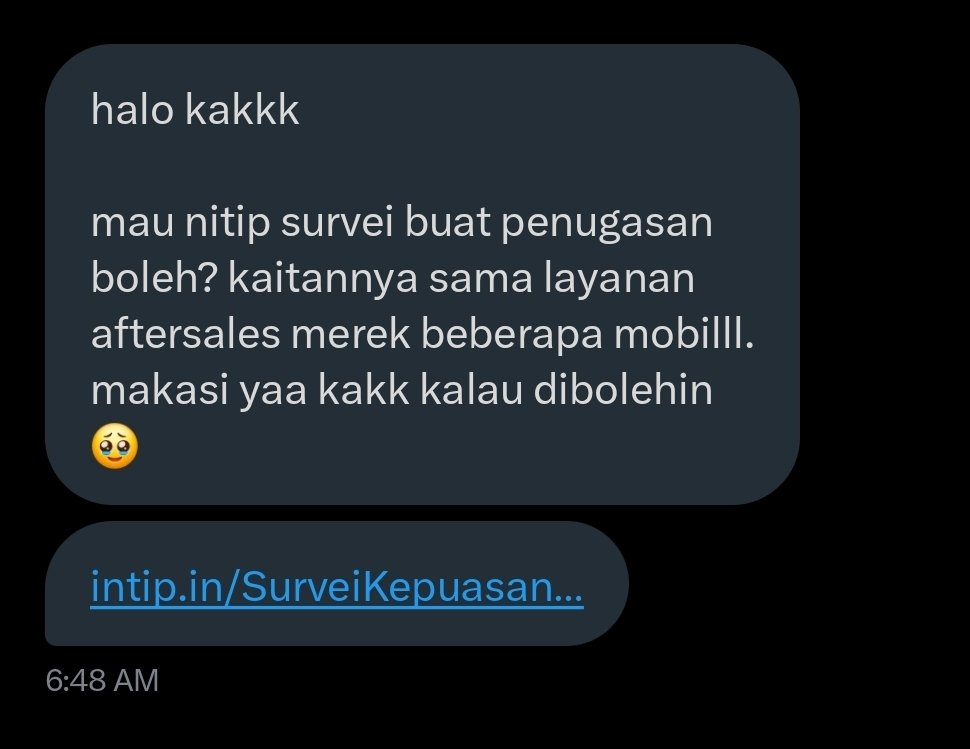 TanyaMobilBase's tweet image. halo kakkk

mau nitip survei buat penugasan boleh? kaitannya sama layanan aftersales merek beberapa mobilll. makasi yaa kakk kalau dibolehin 🥹

intip.in/SurveiKepuasan…