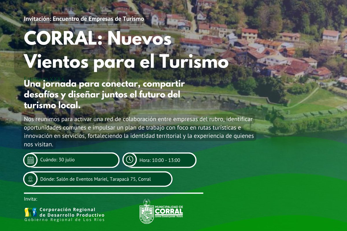 ¡Atención📣empresas de turismo de #LosRíos! Los esperamos el próximo miércoles 30 de julio en el Salón de Eventos El Mariel, ubicado en #Corral, para que hablemos sobre cómo potenciar el turismo de nuestra comuna. Inscríbete en docs.google.com/forms/d/e/1FAI…