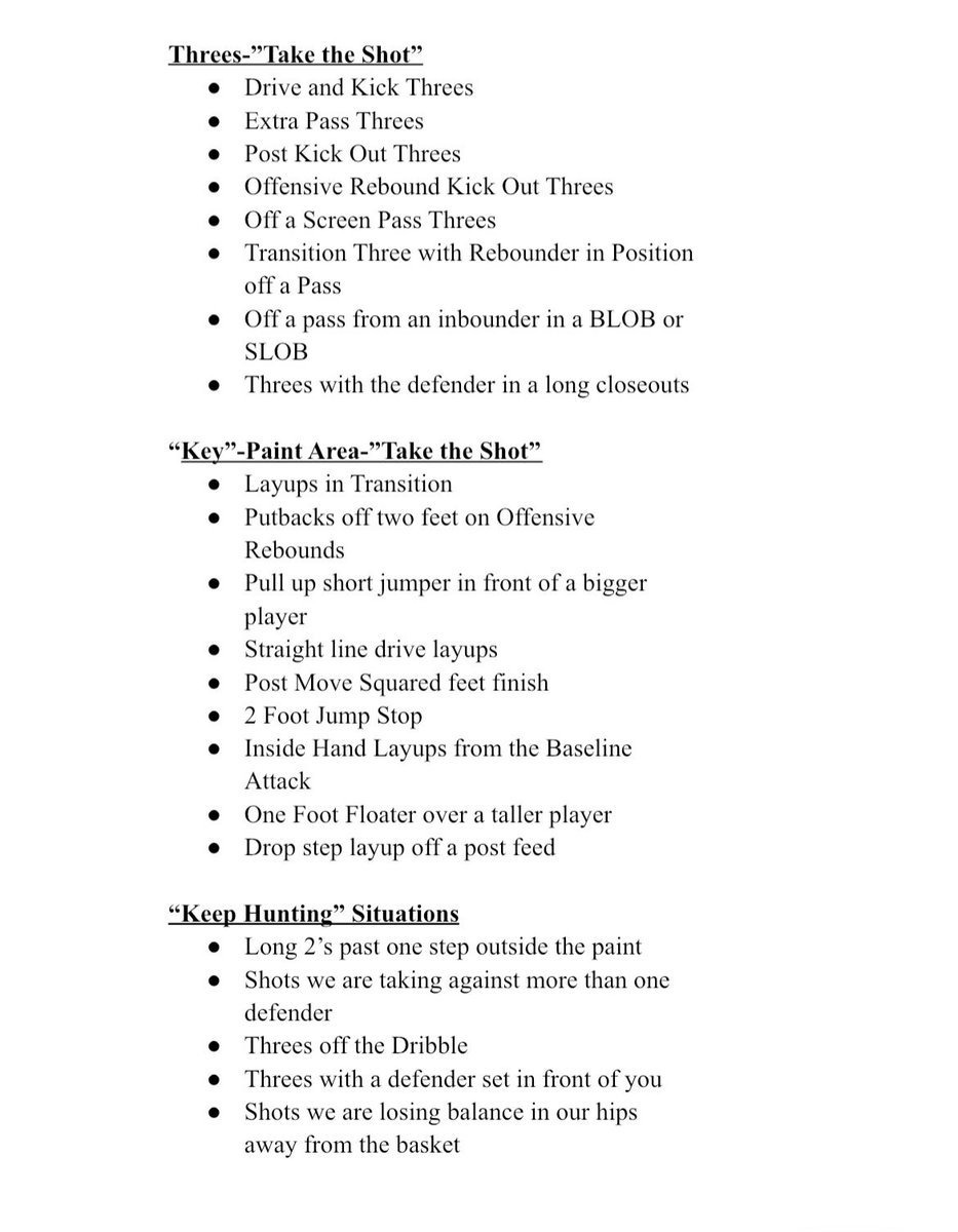 HOW DO YOU TEACH SHOT SELECTION?
Here is a great "three or key" list of shots <a href="/CoachPalicki/">Coach Palicki</a> wants for his team!

This is great to share with players for film sessions, &amp; to simplify the opportunities you want players to "hunt" for in games!
#Wednesdaywisdom  #GetBetterEveryDay