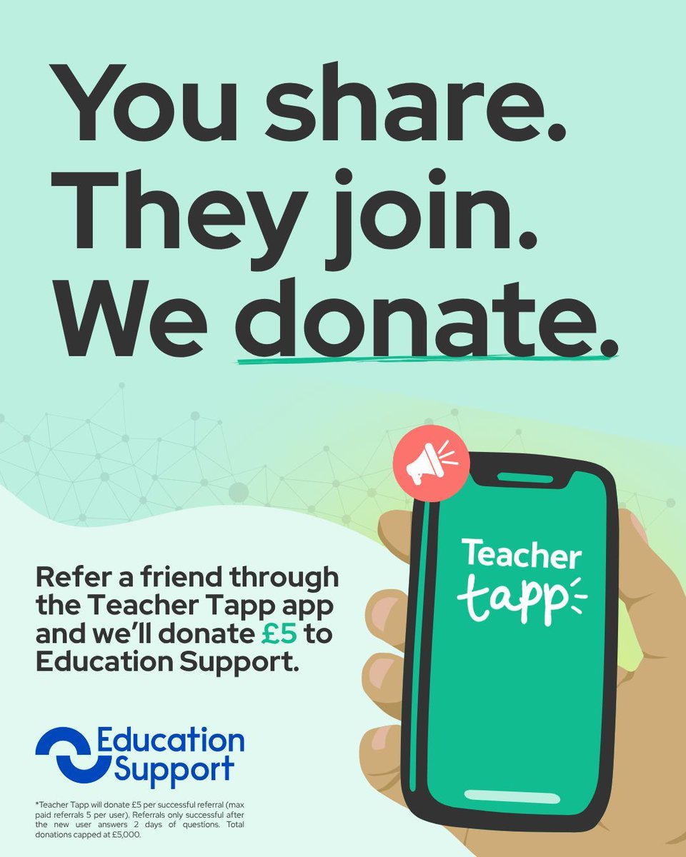 TeacherTapp's tweet image. So far we have 300 new teachers tapping, thanks to referrals!
You can now refer a friend to Teacher Tapp and we'll donate £5 per referral to @EdSupportUK 🤝
Head over to the app to learn more 📲 bit.ly/DownloadTeache…