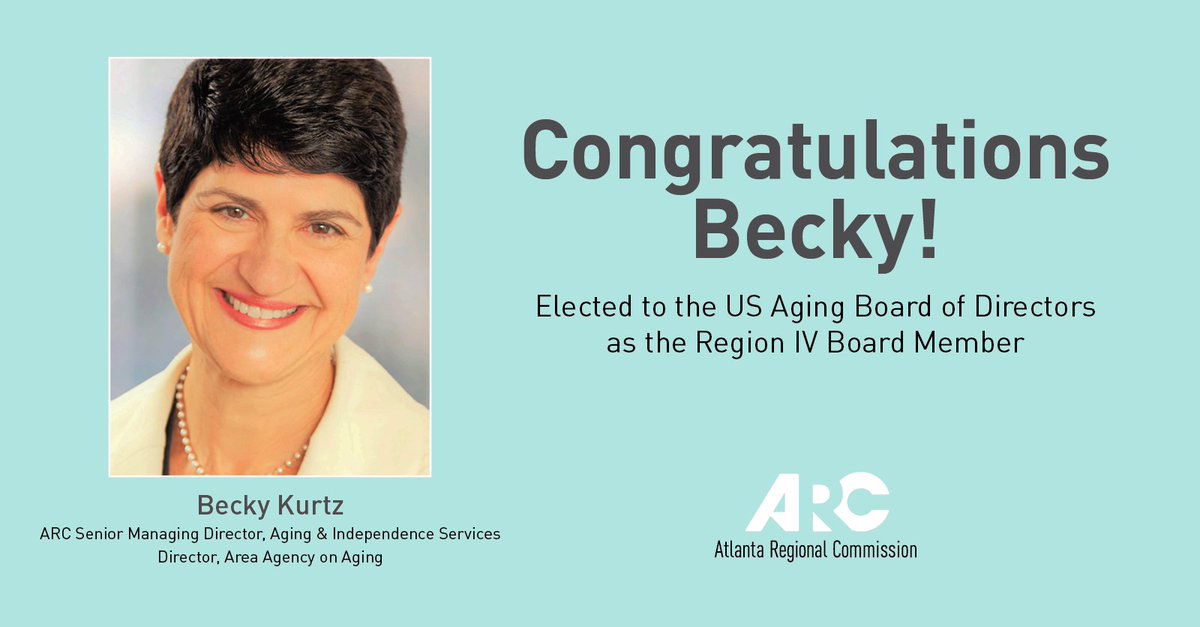 AtlantaRegional's tweet photo. We’re proud to announce that Becky Kurtz, ARC’s Sr. Managing Director of Aging & Independence Services, has been elected to @theUSAging Board of Directors for Region IV! 🎉
Her 3-year term began July 23. Congrats, Becky! 👏
#USAging #OneGreatRegion https://t.co/x5TrhuWGBR