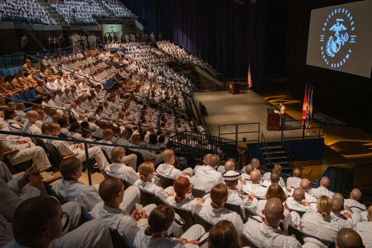 NavalAcademy's tweet image. Colonel Eric A. Reid gives a brief on the history, legacy, and values of the United States Marine Corps to the plebe Class of 2029. This knowledge is incredibly important as one quarter of each graduating class of midshipmen will commission into the Marine Corps.