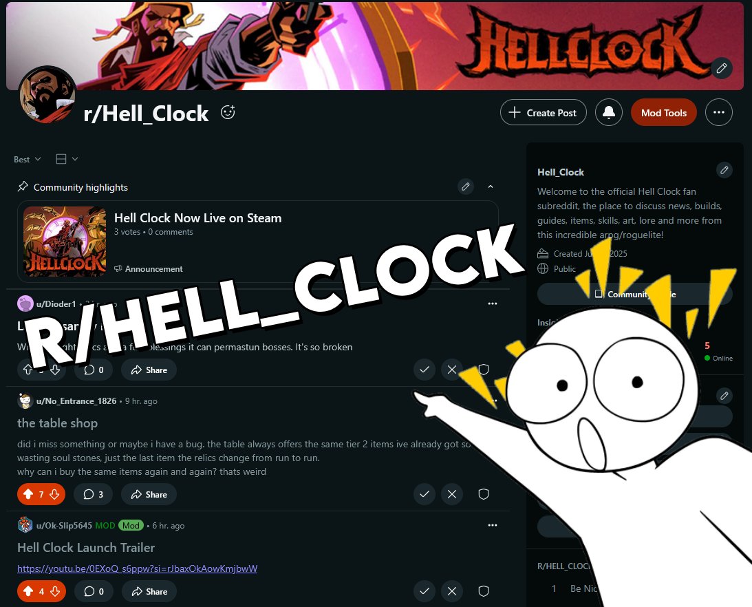 HellClockGame's tweet image. Take your Hell Clock builds to the next level ⚙️🔥
We’ve just launched the official r/Hell_Clock Reddit!
Share your builds, ask questions, post fanart, and connect with other players:
👉 reddit.com/r/Hell_Clock/