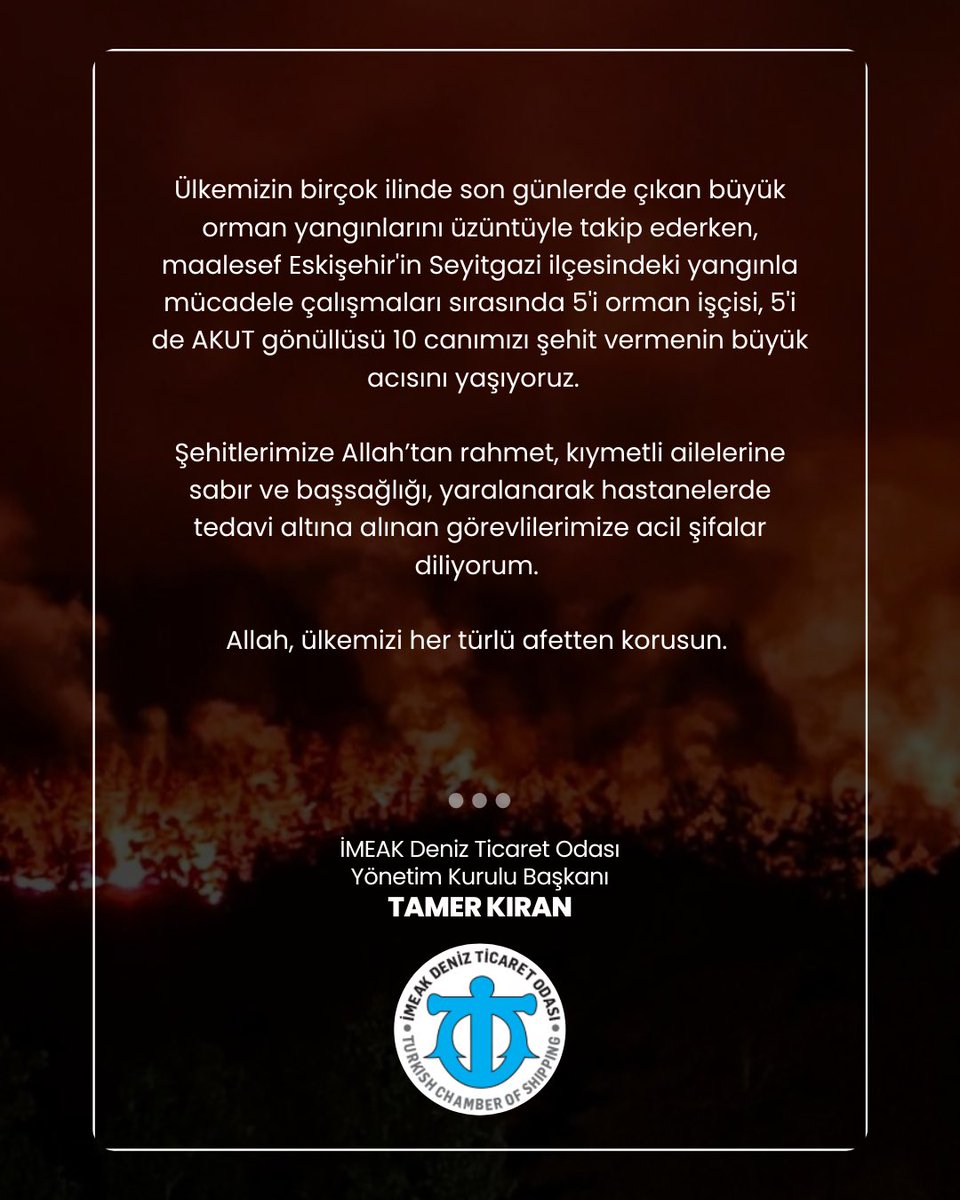 Ülkemizin birçok ilinde son günlerde çıkan büyük orman yangınlarını üzüntüyle takip ederken, maalesef Eskişehir'in Seyitgazi ilçesindeki yangınla mücadele çalışmaları sırasında 5'i orman işçisi, 5'i de AKUT gönüllüsü 10 canımızı şehit vermenin büyük acısını yaşıyoruz.