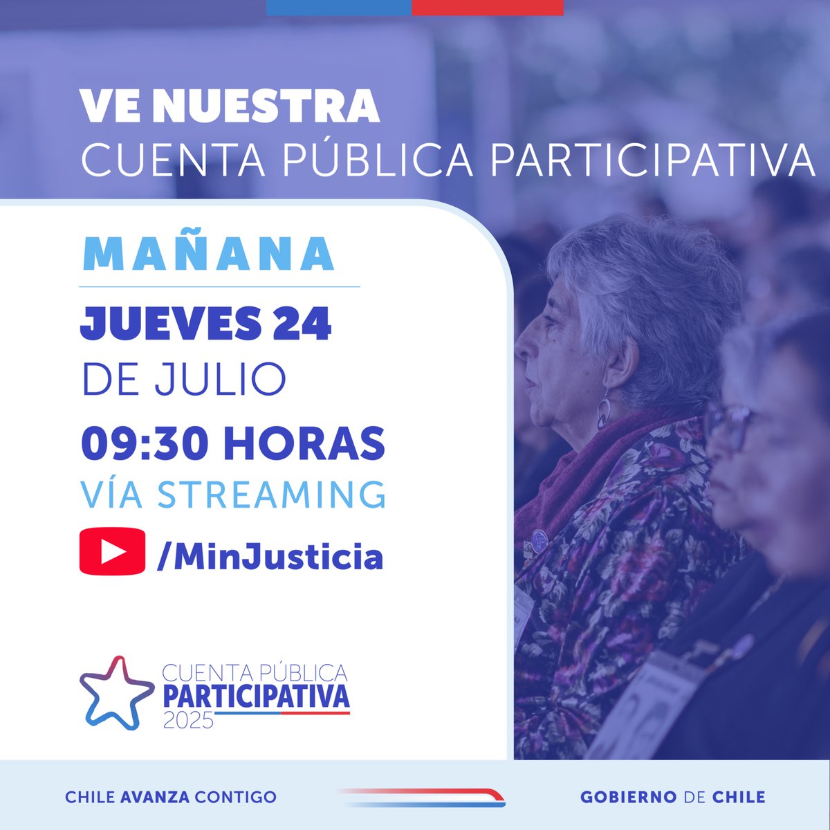 📢 ¡MAÑANA!  

Este jueves 24 de julio, el ministro Jaime Gajardo encabezará nuestra Cuenta Pública Participativa 2025, en donde se detallará la gestión 2024-2025 del <a href="/MinjuDDHH/">Ministerio de Justicia y Derechos Humanos</a> y los desafíos para el presente año. 

⏰ 09:30 hrs.
🔗Conéctate a la transmisión a través de
