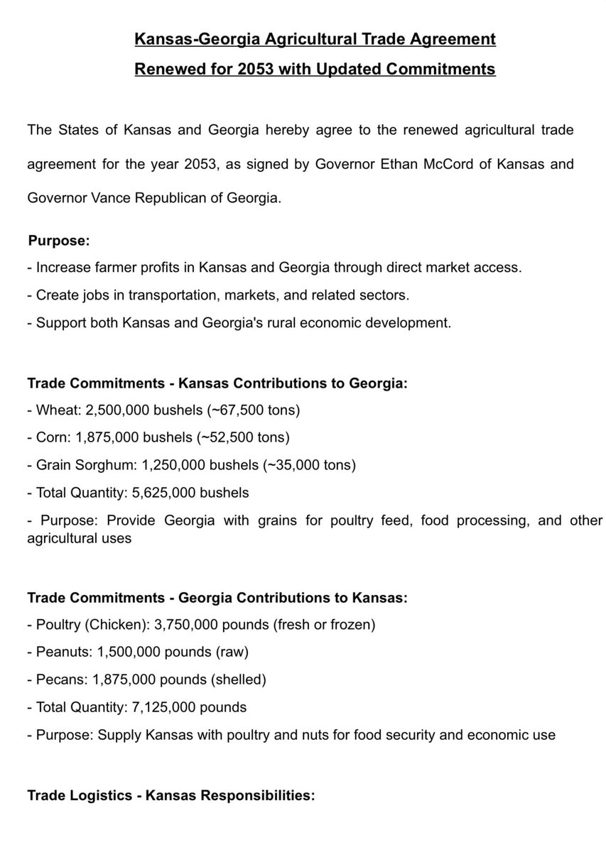EthanMcCordUSGS's tweet image. Today I am proud to reaffirm our commitment to the hardworking farmers and rural communities of Kansas through the renewal of the Kansas Georgia Agricultural Trade Agreement for 2053. This agreement signed in partnership with Governor @CashIsDone of Georgia marks a continued…