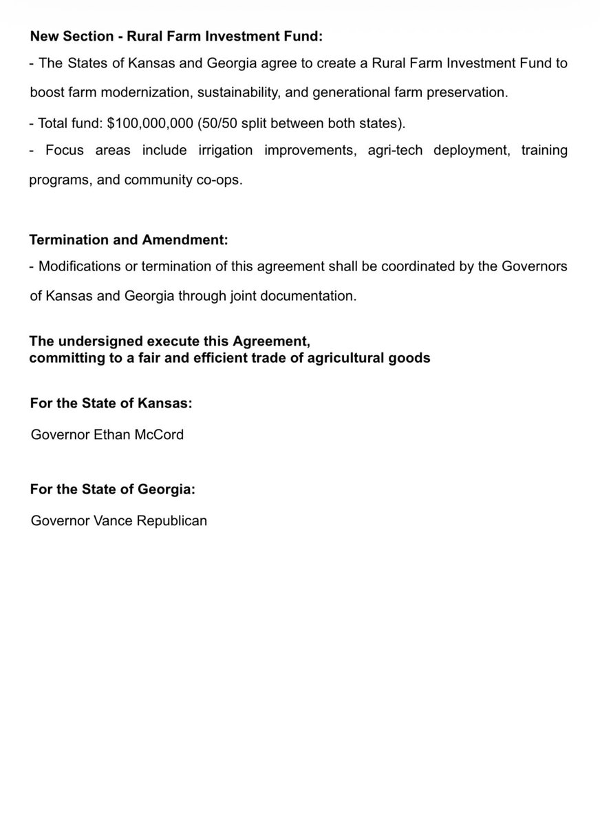EthanMcCordUSGS's tweet image. Today I am proud to reaffirm our commitment to the hardworking farmers and rural communities of Kansas through the renewal of the Kansas Georgia Agricultural Trade Agreement for 2053. This agreement signed in partnership with Governor @CashIsDone of Georgia marks a continued…