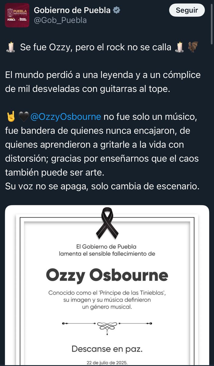 EsDeMamador's tweet image. El estado de Puebla ya le dio sus condolencias, la familia de Ozzy Osbourne ya puede dormir en paz