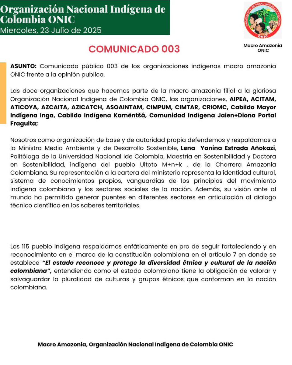 Las 12 organizaciones filial a la Organización ONIC respaldamos enfáticamente el rol y el labor que viene desempeñando la ministra <a href="/LenAmazonas/">Lena Estrada Añokazi</a> en favor de los sectores sociales y los 115 pueblos indígenas 🇨🇴. <a href="/DachiBedea_N/">DACHIBEDEA_NUESTRAPALABRA</a> <a href="/OrlandoRayo_/">Orlando Rayo Acosta</a> <a href="/petrogustavo/">Gustavo Petro</a>