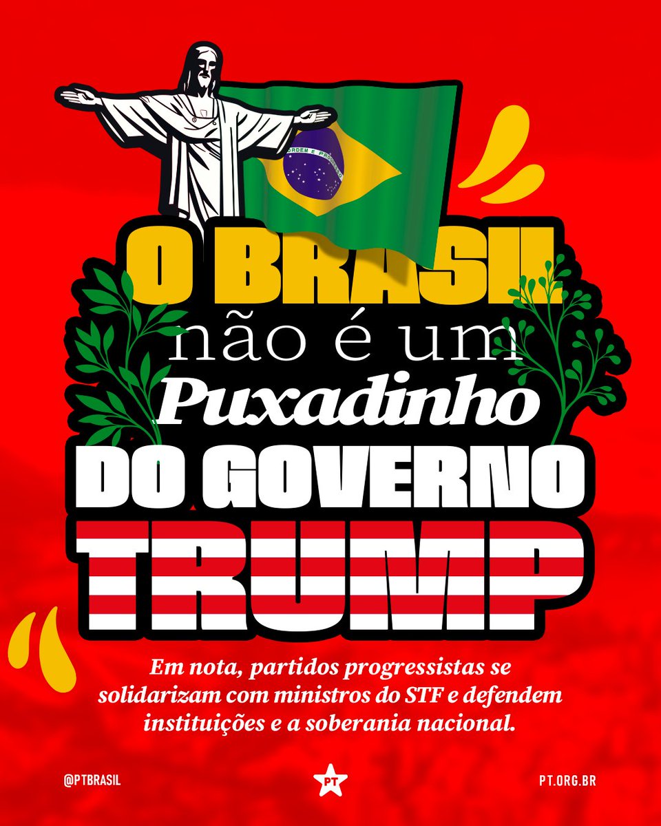 🛑 O Brasil é soberano!

Sete partidos políticos divulgaram nesta quarta (23) uma nota em solidariedade aos ministros do STF e em defesa da soberania nacional.

O documento responde às sanções unilaterais impostas pelo governo dos EUA, sob ordem de Donald Trump, que suspendeu os