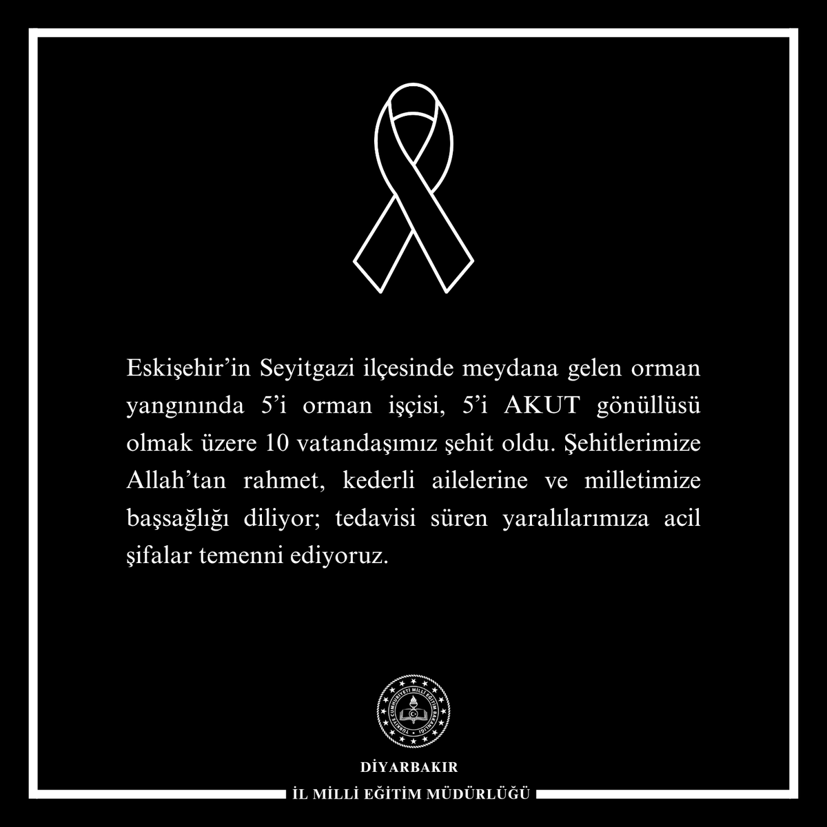 🇹🇷 Eskişehir’in Seyitgazi ilçesinde meydana gelen orman yangınında 5’i orman işçisi, 5’i AKUT gönüllüsü olmak üzere 10 vatandaşımız şehit oldu. Şehitlerimize Allah’tan rahmet, kederli ailelerine ve milletimize başsağlığı diliyor; tedavisi süren yaralılarımıza acil şifalar temenni