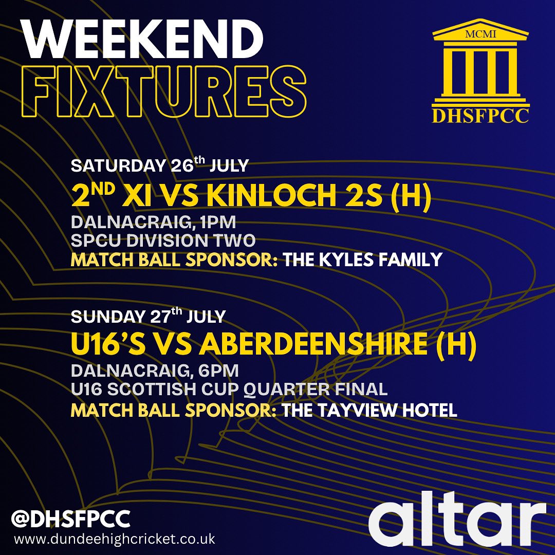 🏏 Weekend Fixtures 🏏

2️⃣ On Saturday there’s no game for the 1st XI. However the 2nd XI have a top of the table clash at Dalnacraig vs Kinloch.

🌟 Then on Sunday our u16’s host Aberdeen at Dalnacraig in the Quarter Finals of the u16 Scottish Cup, 6pm start.

#CODH