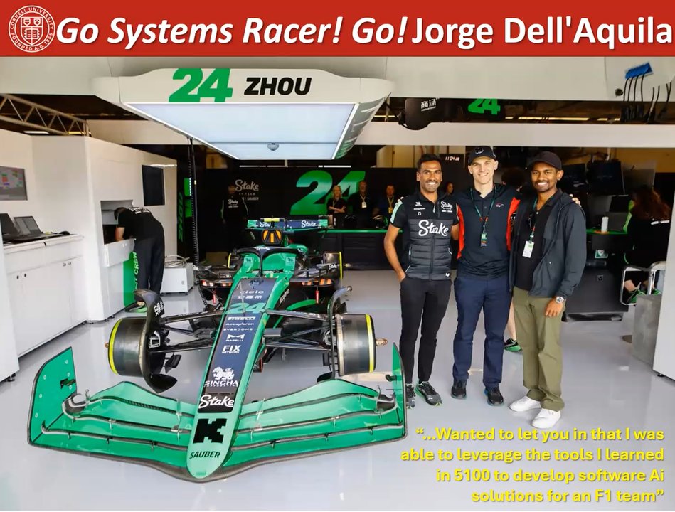 CornellSystems's tweet image. π¨ Student Spotlight π¨
This past weekend, Systems Engineering student Jorge Dell'Aquila took his talents to Watkins Glen, putting his skills from SYSEN 5100 to the testβdeveloping AI software solutions for an F1 team! ποΈπ»
Real-world innovation in actionβhow cool is that? ππ₯