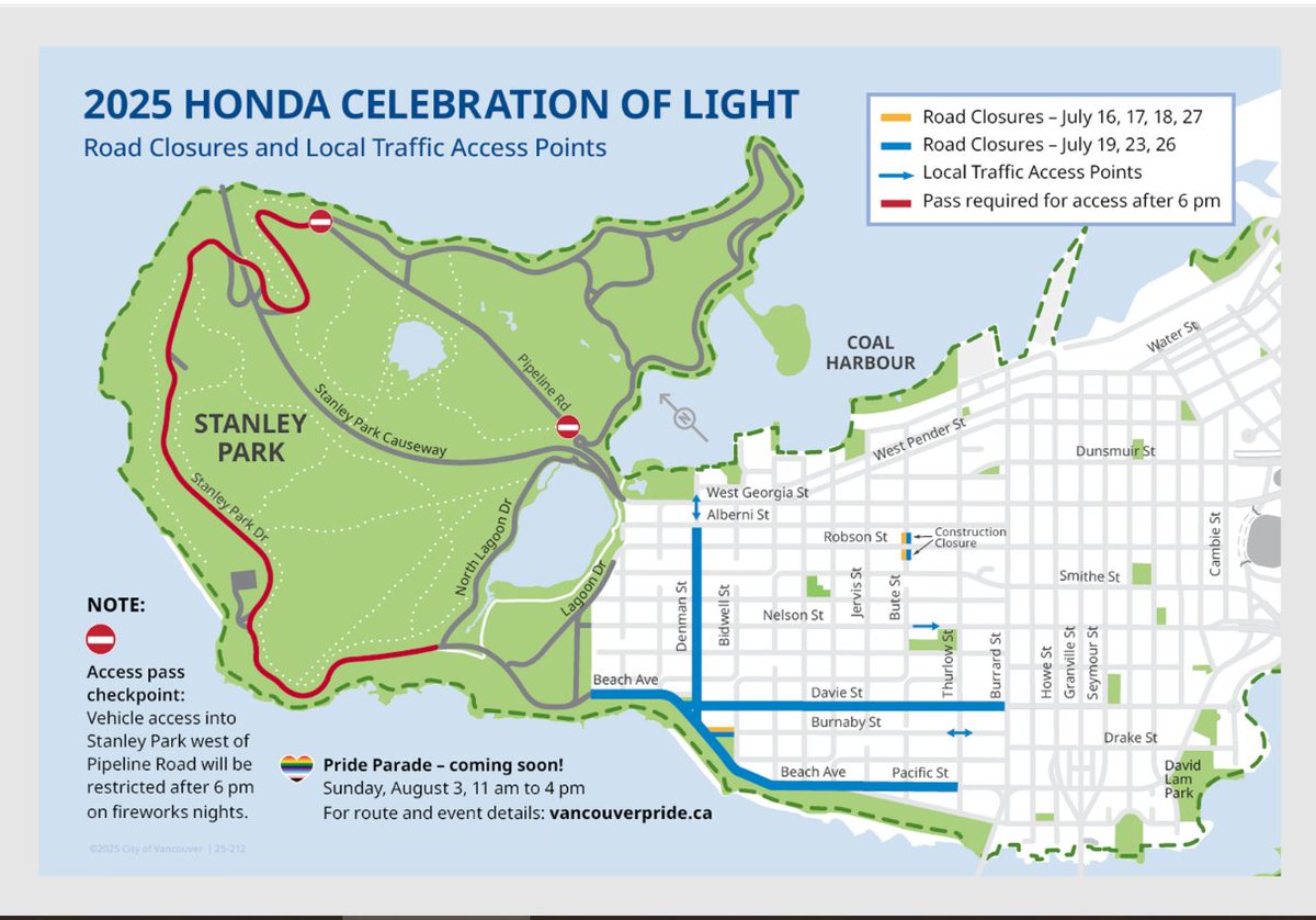 VancouverPD's tweet image. Road closures will once again be in effect for tonight's Celebration of Light. If you live in an area with closures and you are driving, you may need proof of residency to enter.
#CelebOfLight
Map: @CityofVancouver