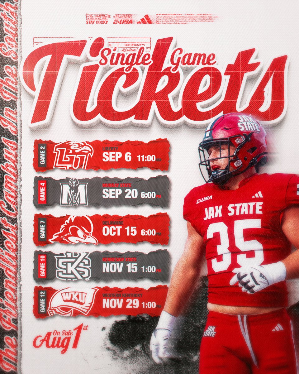 JSUGamecocks's tweet image. Kickoff in 5⃣ weeks❗️
Individual 2025 home game tickets go on sale next Friday, August 1.
Never miss a minute of the action and lock in 2025 season tickets now --> 🎟️ tinyurl.com/23366yrp
#EmbraceTheGrind | #AKC