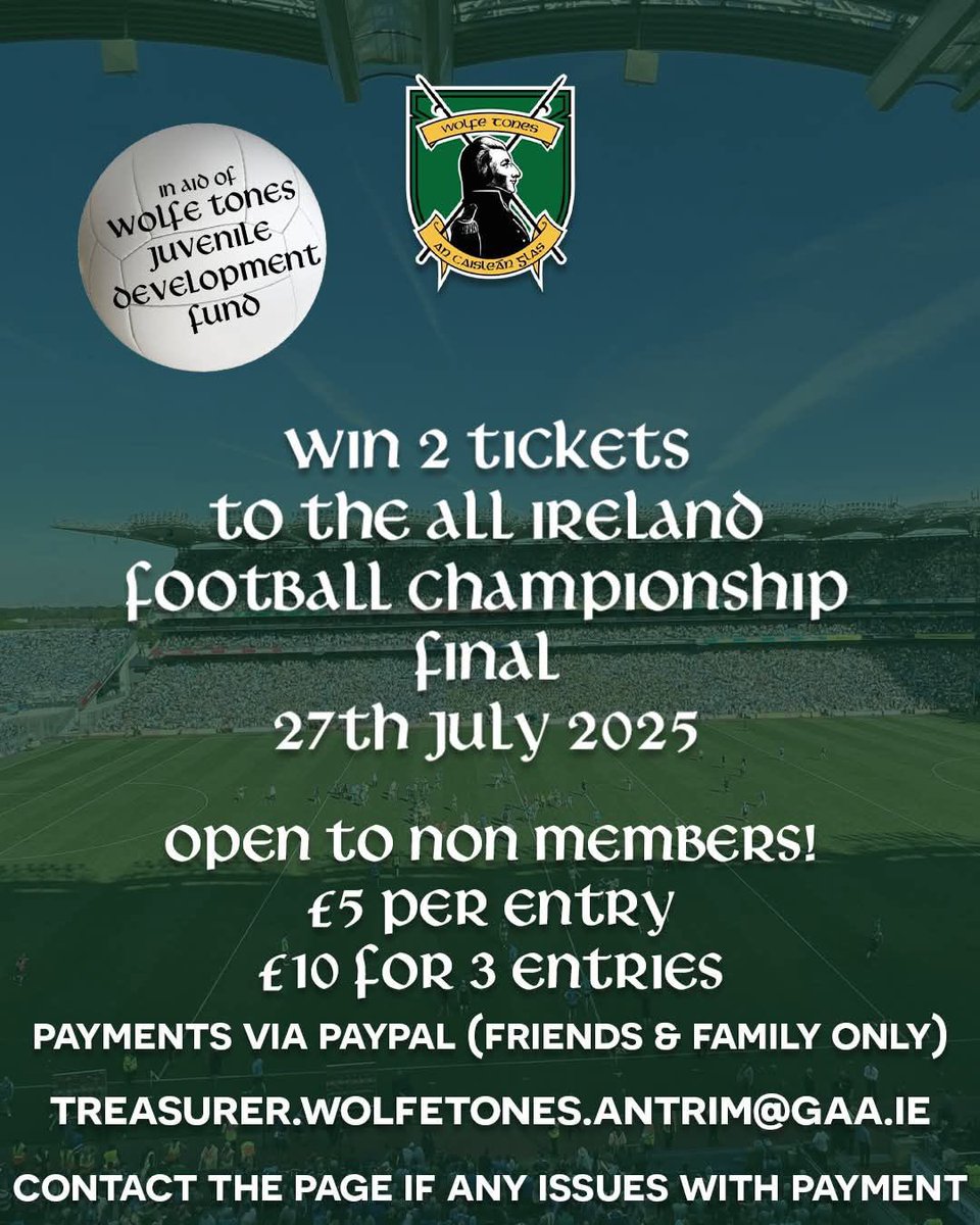 Draw for All Ireland football final tickets takes place tomorrow Thursday 24th July

Entries close at midnight tonight Wednesday 23rd July

Open to Non Members

#allirelandfootballfinal #KerryGAA #Donegal #GAA #GAAFootballAllireland