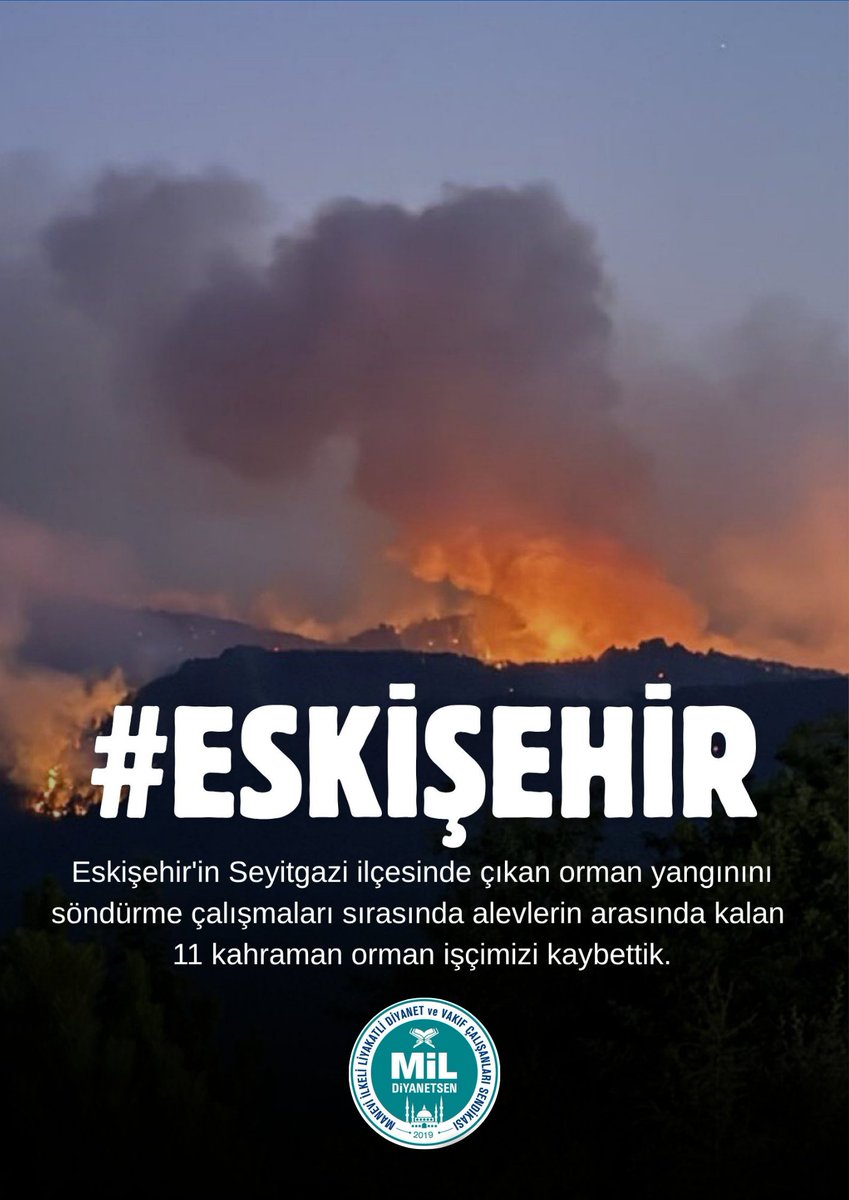 Eskişehir’deki orman yangınını söndürmeye çalışırken şehit olan 11 orman işçimize Cenâb-ı Hak’tan rahmet diliyoruz.
Kederli ailelerine ve yakınlarına sabr-ı cemîl ve teselli niyâz ediyoruz.
Yüce Rabbim (c.c), şehitlerimizin mekânını cennet, makâmlarını âlî eylesin.
#Mildiyanetsen