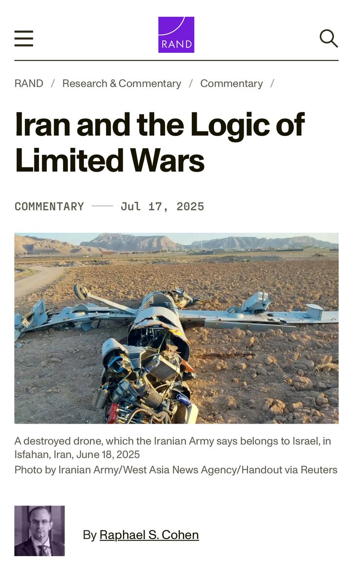 hamzeh_ir's tweet image. 🔴 هدف از جنگ محدود: خرید زمان، نه رژیم چنج
🔹 اندیشکده رَند در گزارشی با عنوان «ایران و منطق جنگهای محدود» به قلم رافائل اس. کوهن، به تشریح هدف راهبردی حملات اخیر اسرائیل و آمریکا علیه تأسیسات هستهای ایران میپردازد.
🔹 نویسنده در ابتدای تحلیل تصریح میکند که این عملیات،…