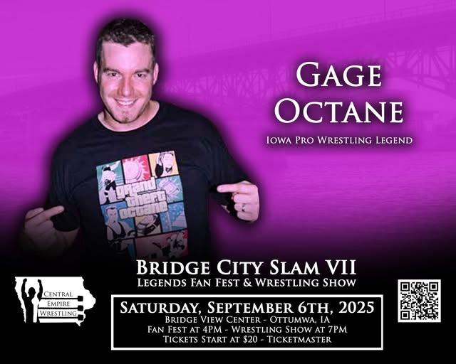 CEWlive's tweet image. Gage Octane returns to the ring! Gage returns to the ring for the first time in many years for the Legends of Iowa wrestling match! 

Saturday Sept 6th Bridge City Slam at the Bridge View Center in Ottumwa, Ia! 

Fan Fest 4pm-7pm 
Bell Time: 7pm

Buy Tix: bit.ly/42H7Io7