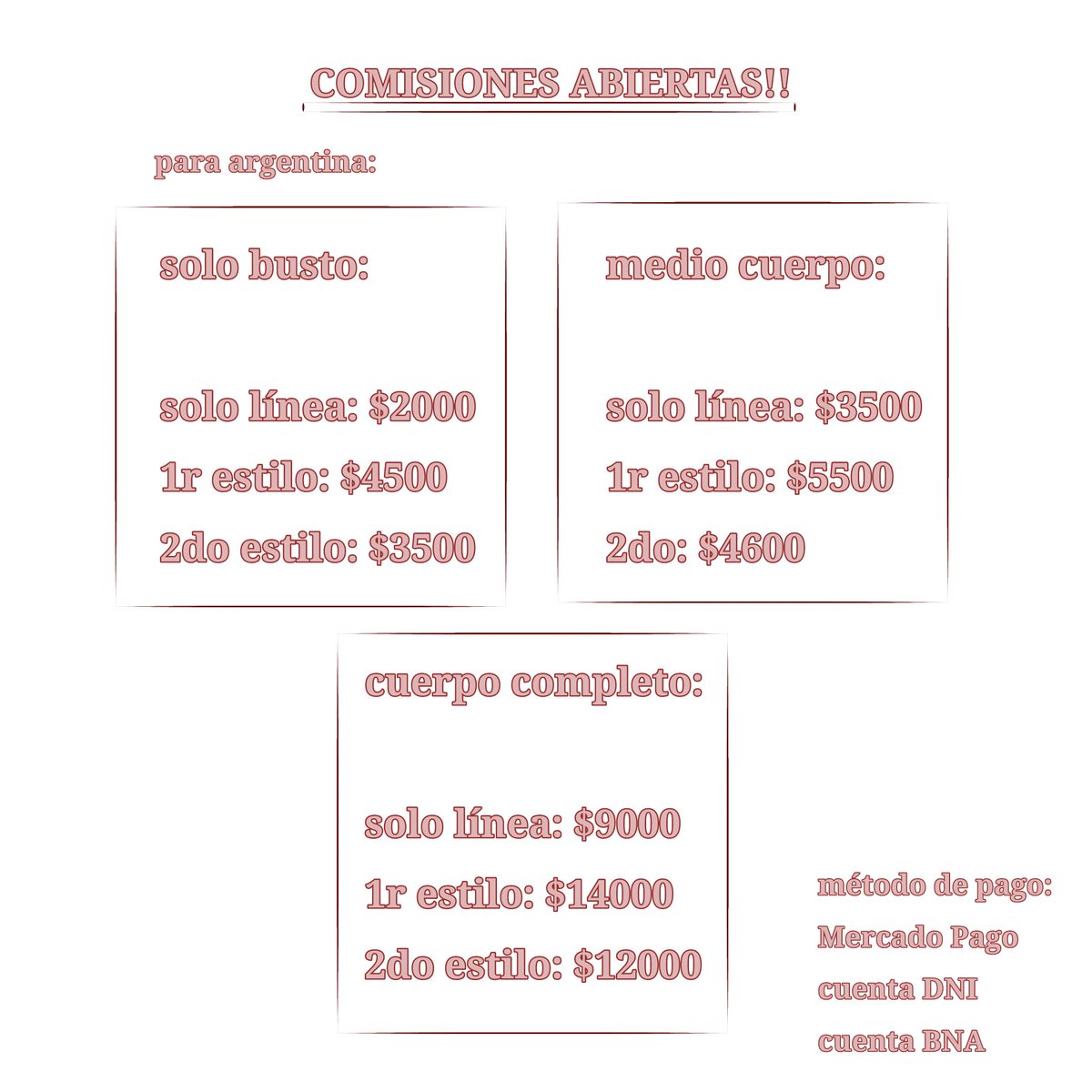 toorufalopa's tweet image. HOLAA abro comisiones!!
condiciones:
• si quieren agregar algún objeto sería $1000/1usd más
• si son dos personajes vale el doble!
• no hago fondos :b
y nada eso cualquier consulta me pueden escribir al dm!