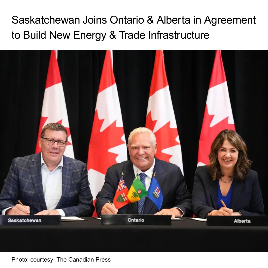 ESF_Canada's tweet image. Saskatchewan has joined Alberta and Ontario in a new agreement to fast-track nation-building energy infrastructure. 👏
The provinces are advancing pipelines, rail lines, and port access to move Western Canadian oil and gas and Ontario’s critical minerals to global markets…