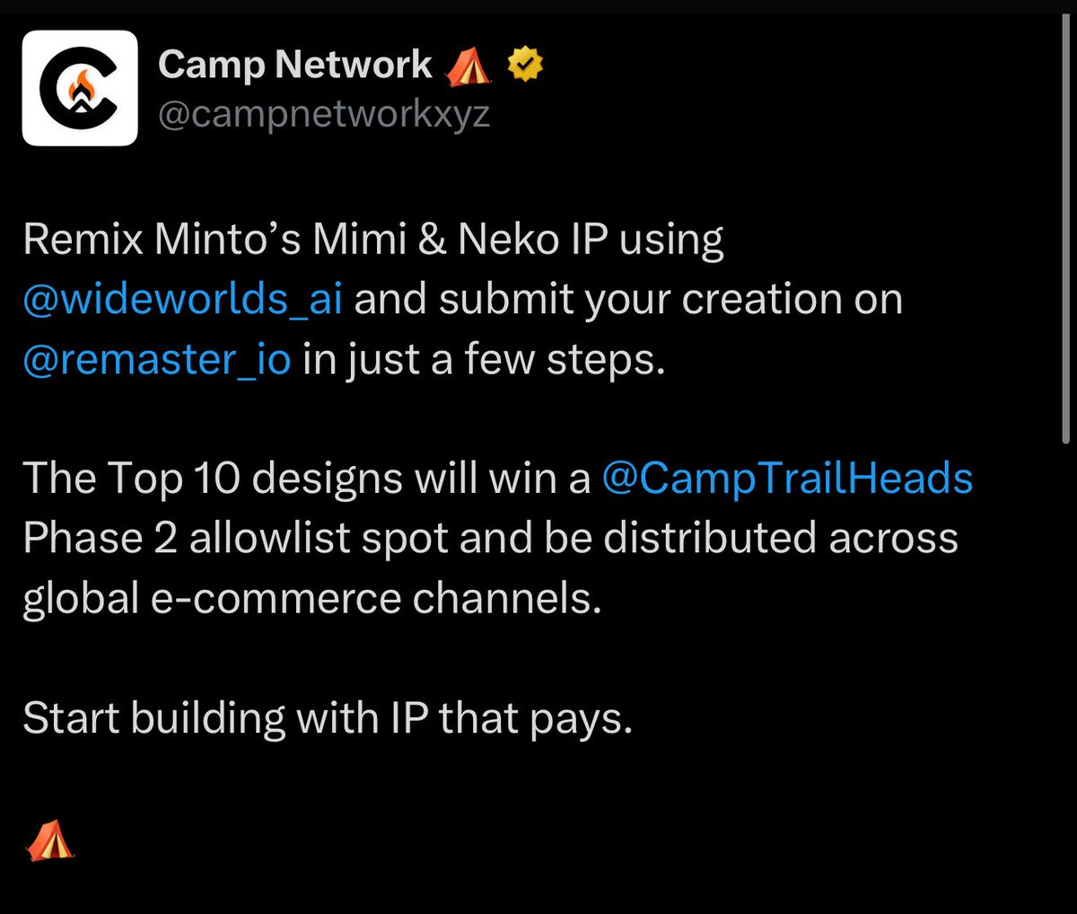 Jampzey.hl (@jampzey) on Twitter photo absolutely will play around with the Mimi & Neko IP on <a href="/campnetworkxyz/">Camp Network ⛺️</a> tools and remix apps
Top 10 designs win whitelist for <a href="/CampTrailHeads/">TrailHeads ⛺️</a> which are worth ~ $800 at current prices
great excuse to check out Camp and do some IP remixing! absolutely will play around with the Mimi & Neko IP on <a href="/campnetworkxyz/">Camp Network ⛺️</a> tools and remix apps
Top 10 designs win whitelist for <a href="/CampTrailHeads/">TrailHeads ⛺️</a> which are worth ~ $800 at current prices
great excuse to check out Camp and do some IP remixing!