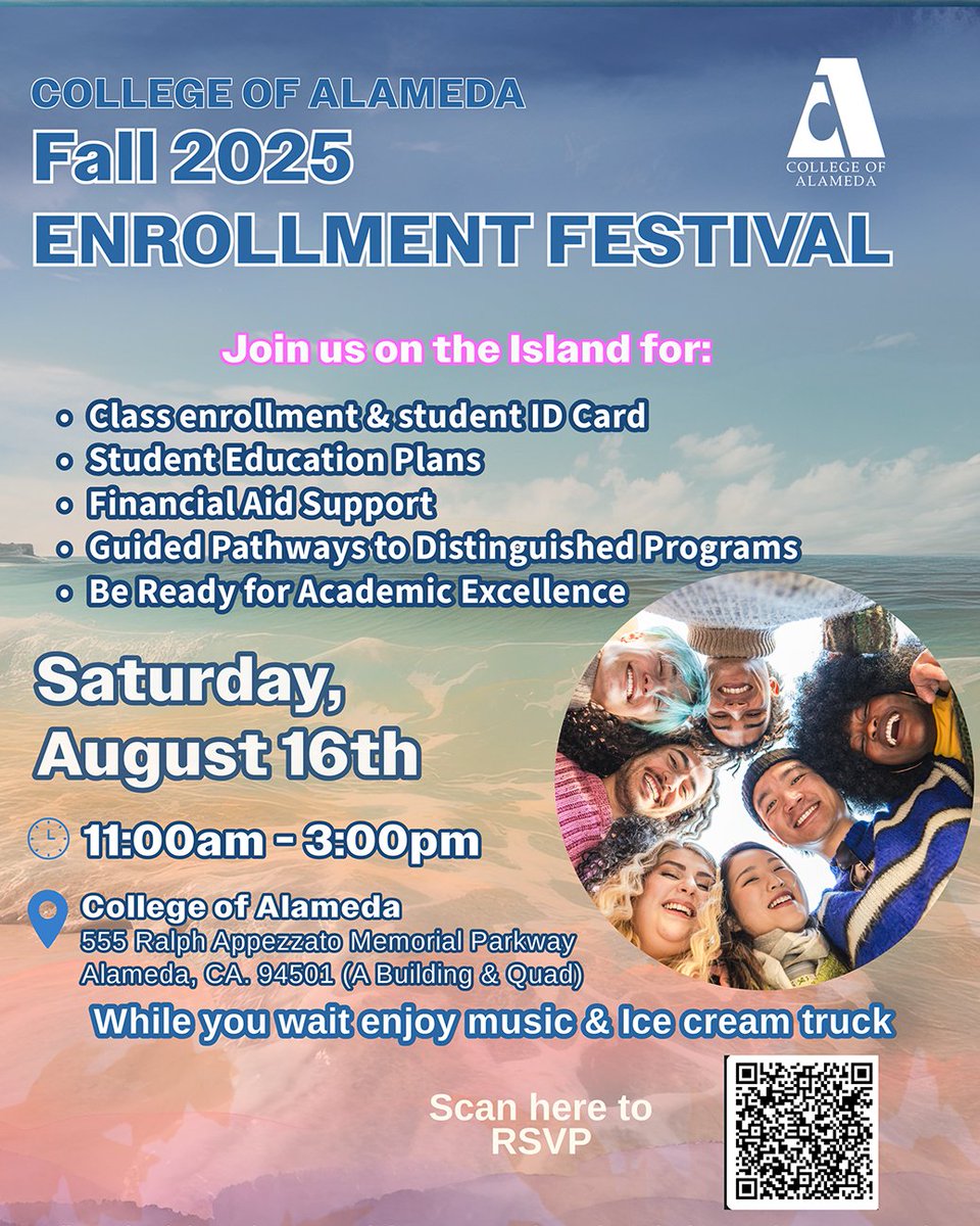 The Peralta Colleges (@peraltacolleges) on Twitter photo 📣 Fall 2025 Enrollment Festival at College of Alameda!
🗓 Sat, Aug 16 ⏰ 11AM–3PM
📍 A Bldg & Quad, <a href="/CollegeAlameda/">College of Alameda</a>
✅ Enroll in classes
✅ Get your student ID
✅ Financial aid & ed plans
🎶 Music & FREE ice cream!
RSVP➡️bit.ly/3IKmDYd
#Fall2025 #EnrollmentFestival 📣 Fall 2025 Enrollment Festival at College of Alameda!
🗓 Sat, Aug 16 ⏰ 11AM–3PM
📍 A Bldg & Quad, <a href="/CollegeAlameda/">College of Alameda</a>
✅ Enroll in classes
✅ Get your student ID
✅ Financial aid & ed plans
🎶 Music & FREE ice cream!
RSVP➡️bit.ly/3IKmDYd
#Fall2025 #EnrollmentFestival