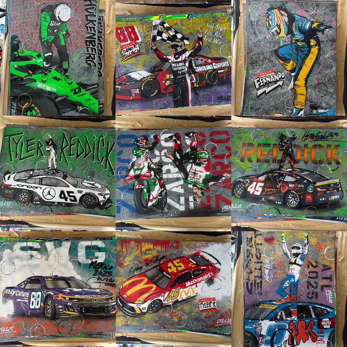 DRAutoart's tweet image. Paintings packed and on their way to new homes all over the world! Thanks everyone. If you want your own handmade piece, check out my website 🤘🏻 #drautoart
.
#f1 #motogp #nascar #art #graffiti #graffitiart #handmade #artist #motorsport
