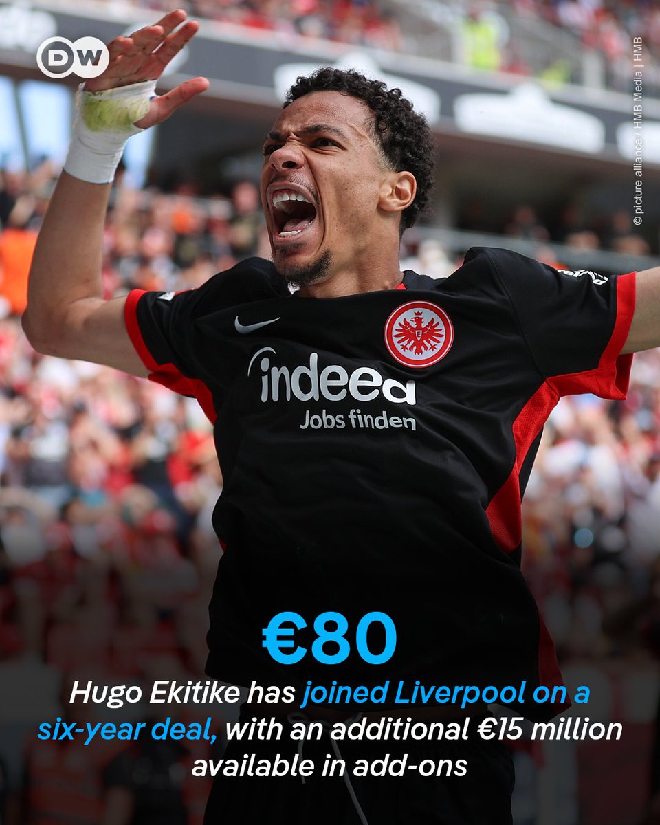 dw_sports's tweet image. Hugo Ekitike leaves Frankfurt after a season-and-a-half in the Bundesliga.
The 23-year-old Frenchman has passed a medical and agreed personal terms with the Premier League side.
