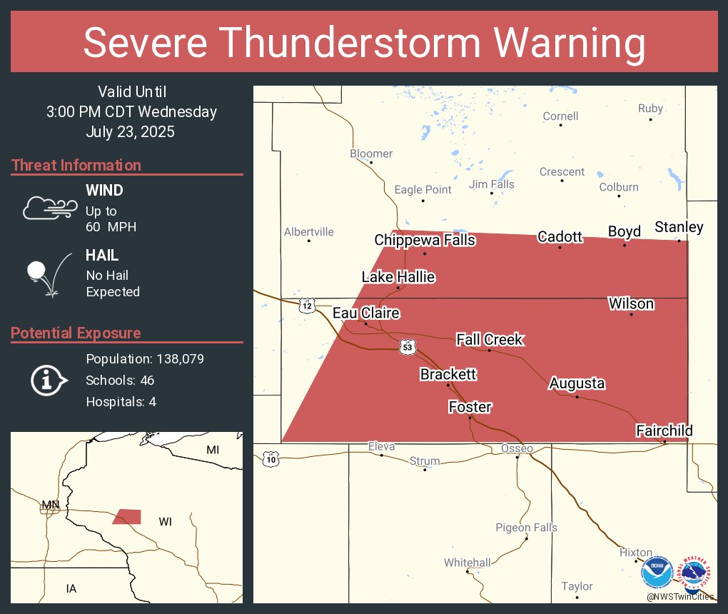NWSTwinCities's tweet image. Severe Thunderstorm Warning including Eau Claire WI, Chippewa Falls WI and Altoona WI until 3:00 PM CDT