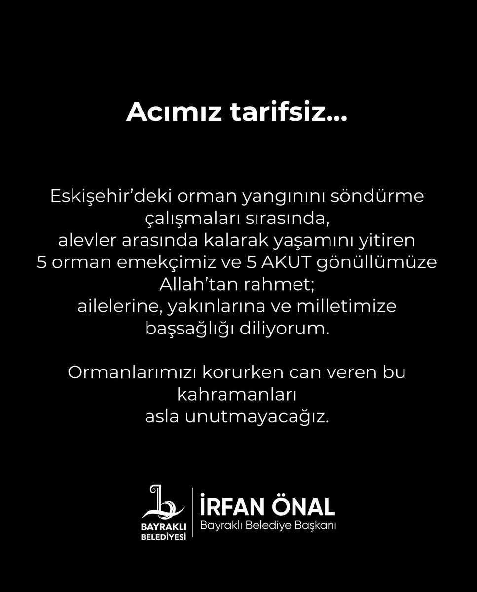 Ağaçlarımızı, ormanlarımızı, geleceğimizi korurken hayatlarını kaybeden 10 kahramanımıza minnetle…

Bu felaketler tekrar yaşanmasın diye hep birlikte daha duyarlı, daha hazırlıklı olmalıyız.

Unutmayacağız. Unutturmayacağız.

#Eskişehir #OrmanYangını #AKUT