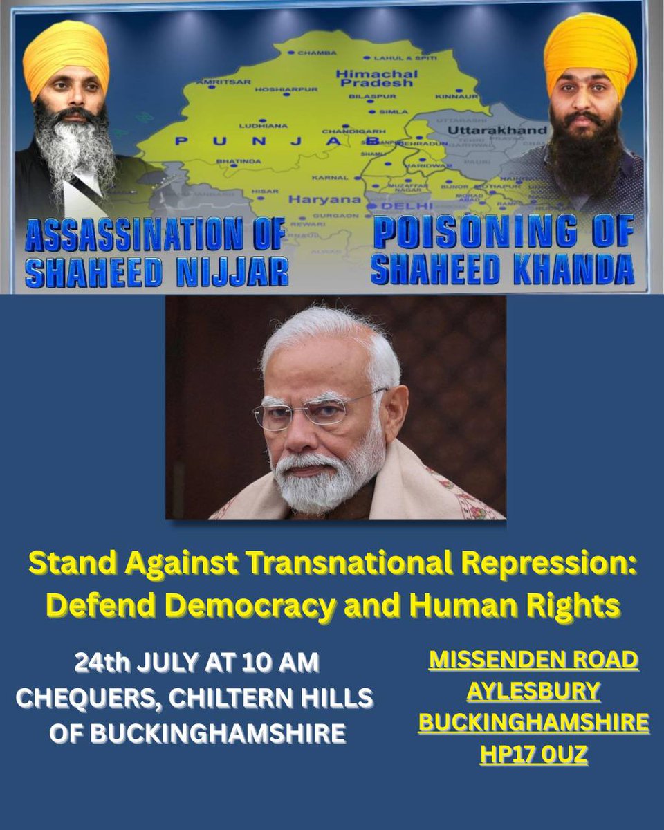 ZORA SINGH ☬ (@doabazora) on Twitter photo Stand Against Transnational Repression:
Defend Democracy and Human Rights
24th JULY AT 10AM
CHEQUERS, CHILTERN HILLS OF BUCKINGHAMSHIRE
MISSENDEN ROAD
AYLESBURY
BUCKINGHAMSHIRE
HP17 OUZ
<a href="/AdityaRajKaul/">Aditya Raj Kaul</a>
#planecrash #LVMenFW25 #UK
#OlympiacosBC #SUNOO #London
x.com/SFJ_US_Officia… Stand Against Transnational Repression:
Defend Democracy and Human Rights
24th JULY AT 10AM
CHEQUERS, CHILTERN HILLS OF BUCKINGHAMSHIRE
MISSENDEN ROAD
AYLESBURY
BUCKINGHAMSHIRE
HP17 OUZ
<a href="/AdityaRajKaul/">Aditya Raj Kaul</a>
#planecrash #LVMenFW25 #UK
#OlympiacosBC #SUNOO #London
x.com/SFJ_US_Officia…